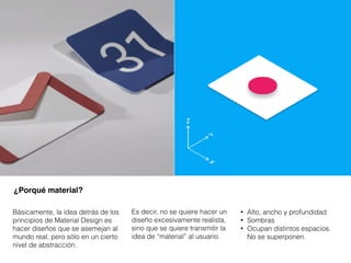 • Alto, ancho y profundidad
• Sombras
• Ocupan distintos espacios.
No se superponen.
Básicamente, la idea detrás de los
principios de Material Design es
hacer diseños que se asemejan al
mundo real, pero sólo en un cierto
nivel de abstracción.
Es decir, no se quiere hacer un
diseño excesivamente realista,
sino que se quiere transmitir la
idea de “material” al usuario.
¿Porqué material?
 