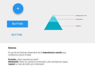 Botones
El uso de los botones dependerá de la importancia o acción que
conlleva su uso en la App.
Función: ¿Qué importancia tiene?
Dimensión: Tener en cuenta el contenedor y las cantidad de capas.
Layout: un tipo de botón por contenedor.
 
