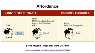 Affordance
http://www.peachpit.com/articles/article.aspx?p=2209309
Steve Krug on Things that Make Us Think
 