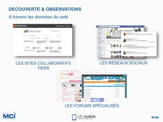 DECOUVERTE & OBSERVATIONS
A travers les données du web
LES SITES COLLABORATIFS
TIERS
LES RÉSEAUX SOCIAUX
LES FORUMS SPÉCIALISÉS
 