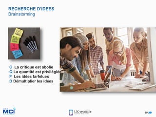 RECHERCHE D’IDEES
Brainstorming
C La critique est abolie
Q La quantité est privilégiée
F Les idées farfelues
D Démultiplier les idées
 