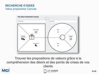 RECHERCHE D’IDEES
Value proposition Canvas
Trouver les propositions de valeurs grâce à la
compréhension des désirs et des points de crises de vos
clients
 