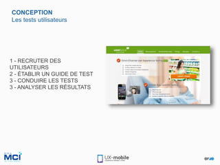 1 - RECRUTER DES
UTILISATEURS
2 - ÉTABLIR UN GUIDE DE TEST
3 - CONDUIRE LES TESTS
3 - ANALYSER LES RÉSULTATS
CONCEPTION
Les tests utilisateurs
 
