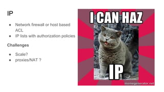 IP
● Network firewall or host based
ACL
● IP lists with authorization policies
Challenges
● Scale?
● proxies/NAT ?
 