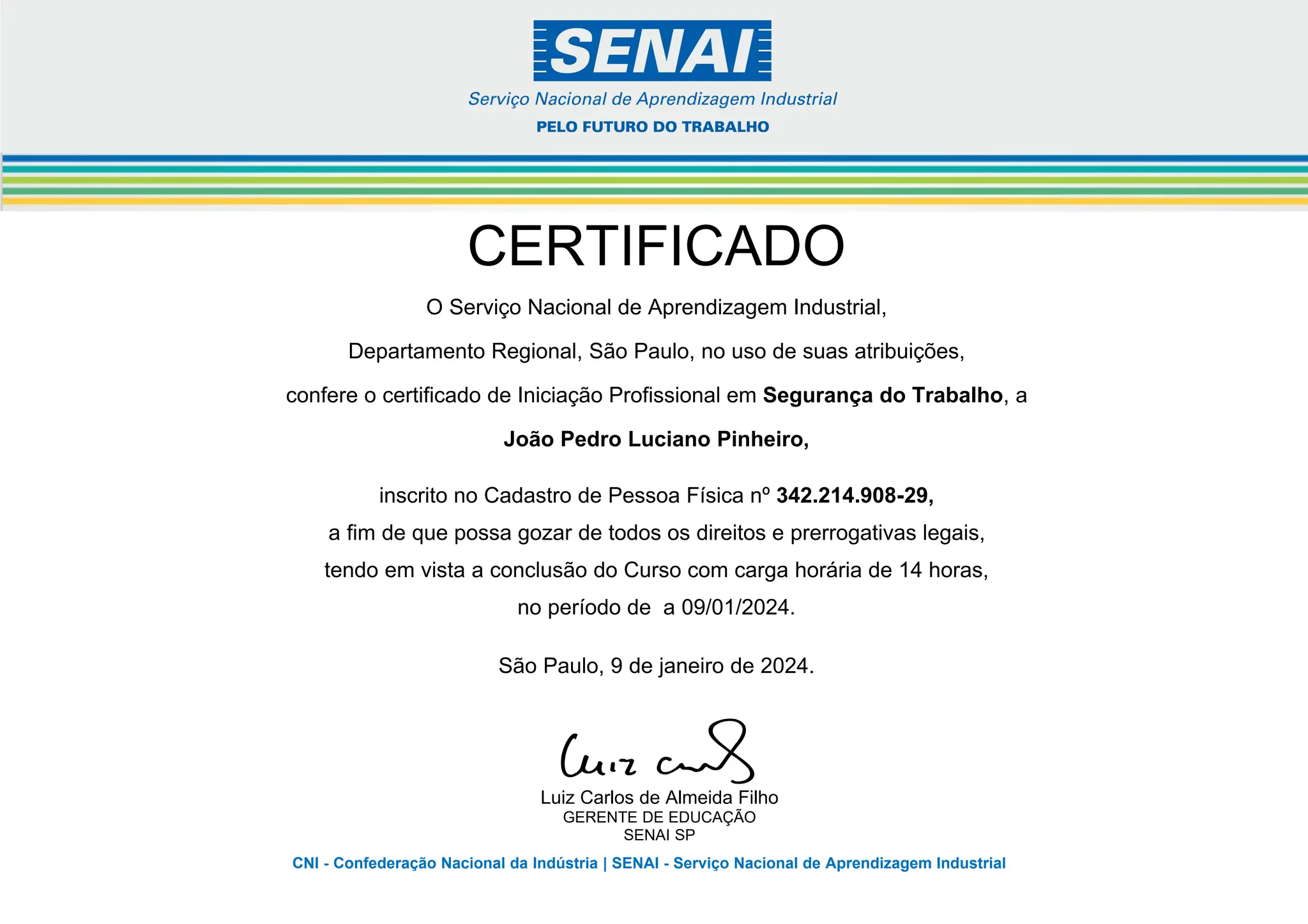 Certificado SENAI Segurança do Trabalho. | PDF