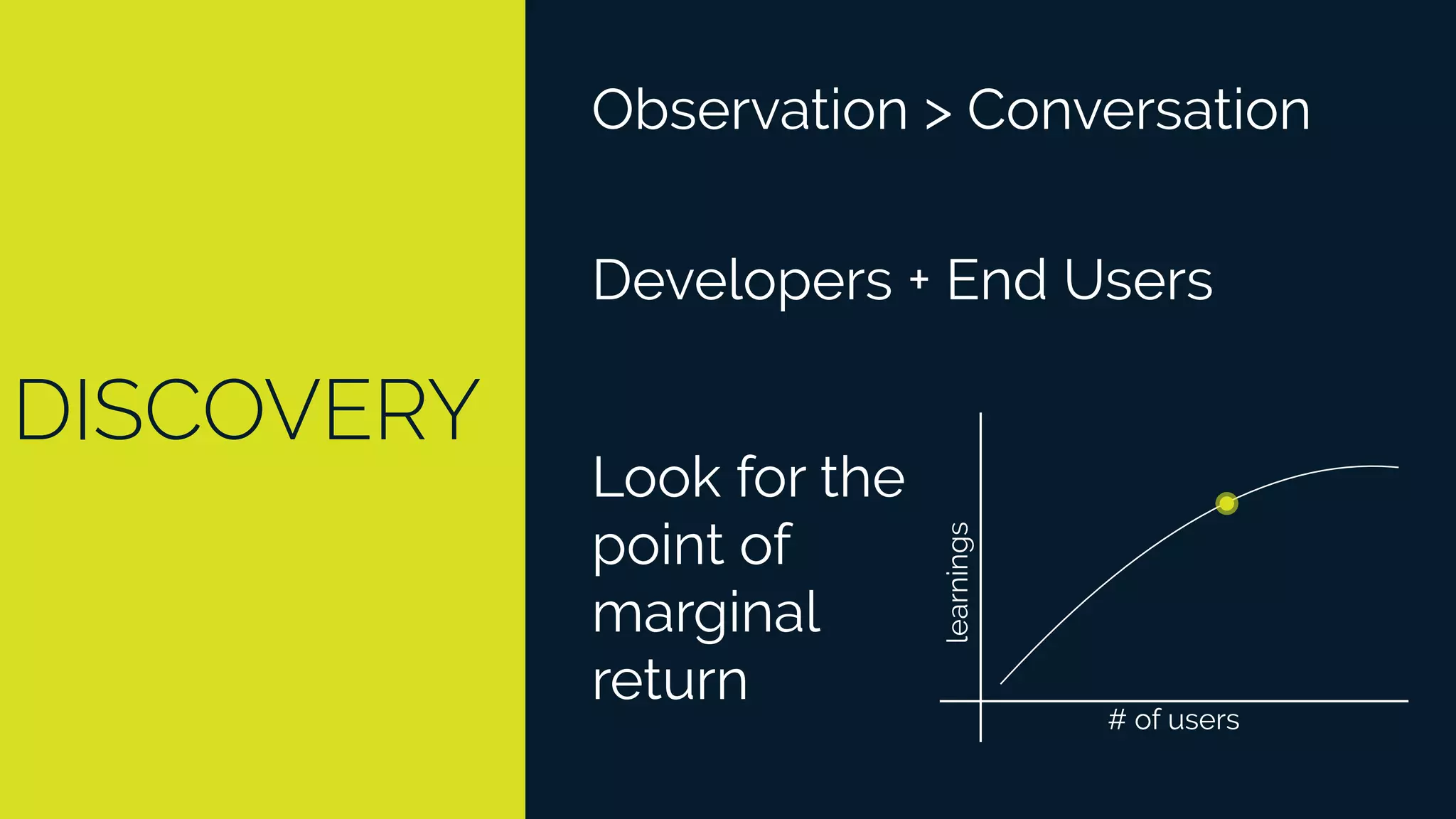 DISCOVERY
Observation > Conversation
Look for the
point of
marginal
return
# of users
learnings
Developers + End Users
 