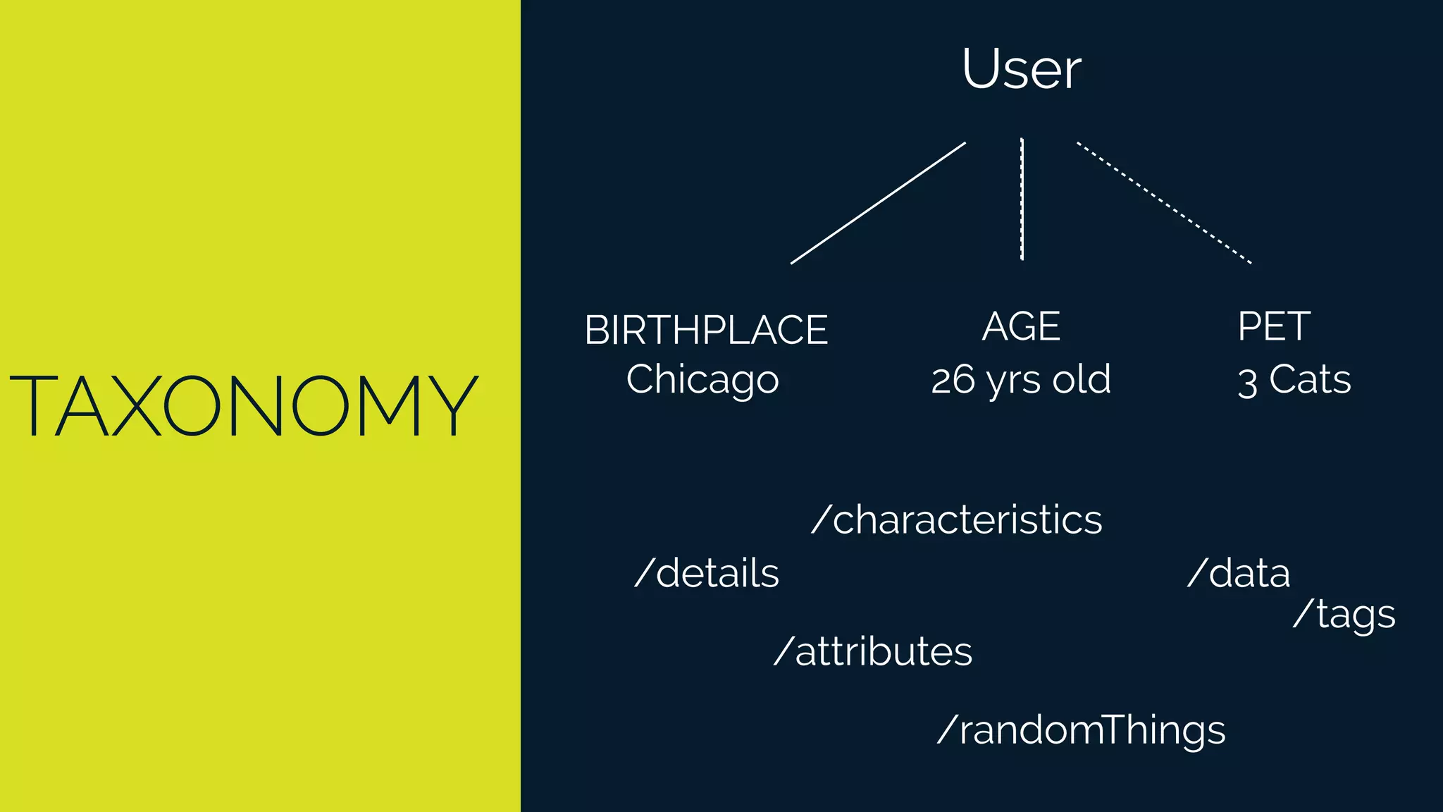 TAXONOMY
User
BIRTHPLACE AGE PET
Chicago 26 yrs old 3 Cats
/details
/attributes
/characteristics
/randomThings
/tags
/data
 