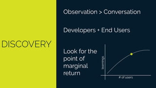 DISCOVERY
Observation > Conversation
Look for the
point of
marginal
return
# of users
learnings
Developers + End Users
 