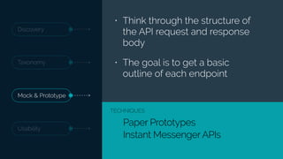 Discovery
Taxonomy
Usability
Mock & Prototype
Paper Prototypes
Instant Messenger APIs
TECHNIQUES
• Think through the structure of
the API request and response
body
• The goal is to get a basic
outline of each endpoint
 