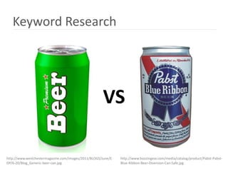 Keyword Research




                                                      VS

http://www.westchestermagazine.com/images/2011/BLOGS/June/E   http://www.boozingear.com/media/catalog/product/Pabst-Pabst-
DP/6-20/Blog_Generic-beer-can.jpg                             Blue-Ribbon-Beer-Diversion-Can-Safe.jpg
 
