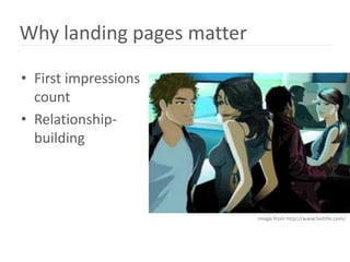 Why landing pages matter

• First impressions
  count
• Relationship-
  building



                           Image from http://www.fastlife.com/
 