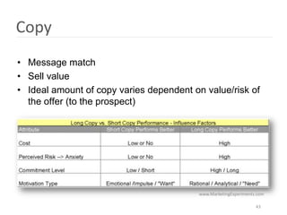 Copy
• Message match
• Sell value
• Ideal amount of copy varies dependent on value/risk of
  the offer (to the prospect)




                                         www.MarketingExperiments.com

                                                                 43
 