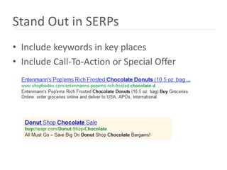 Stand Out in SERPs
• Include keywords in key places
• Include Call-To-Action or Special Offer
 