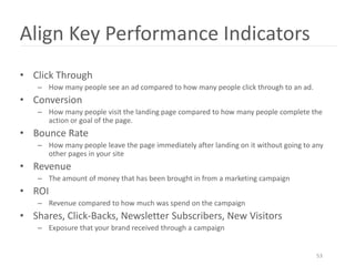 Align Key Performance Indicators
• Click Through
   – How many people see an ad compared to how many people click through to an ad.
• Conversion
   – How many people visit the landing page compared to how many people complete the
     action or goal of the page.
• Bounce Rate
   – How many people leave the page immediately after landing on it without going to any
     other pages in your site
• Revenue
   – The amount of money that has been brought in from a marketing campaign
• ROI
   – Revenue compared to how much was spend on the campaign
• Shares, Click-Backs, Newsletter Subscribers, New Visitors
   – Exposure that your brand received through a campaign


                                                                                     53
 
