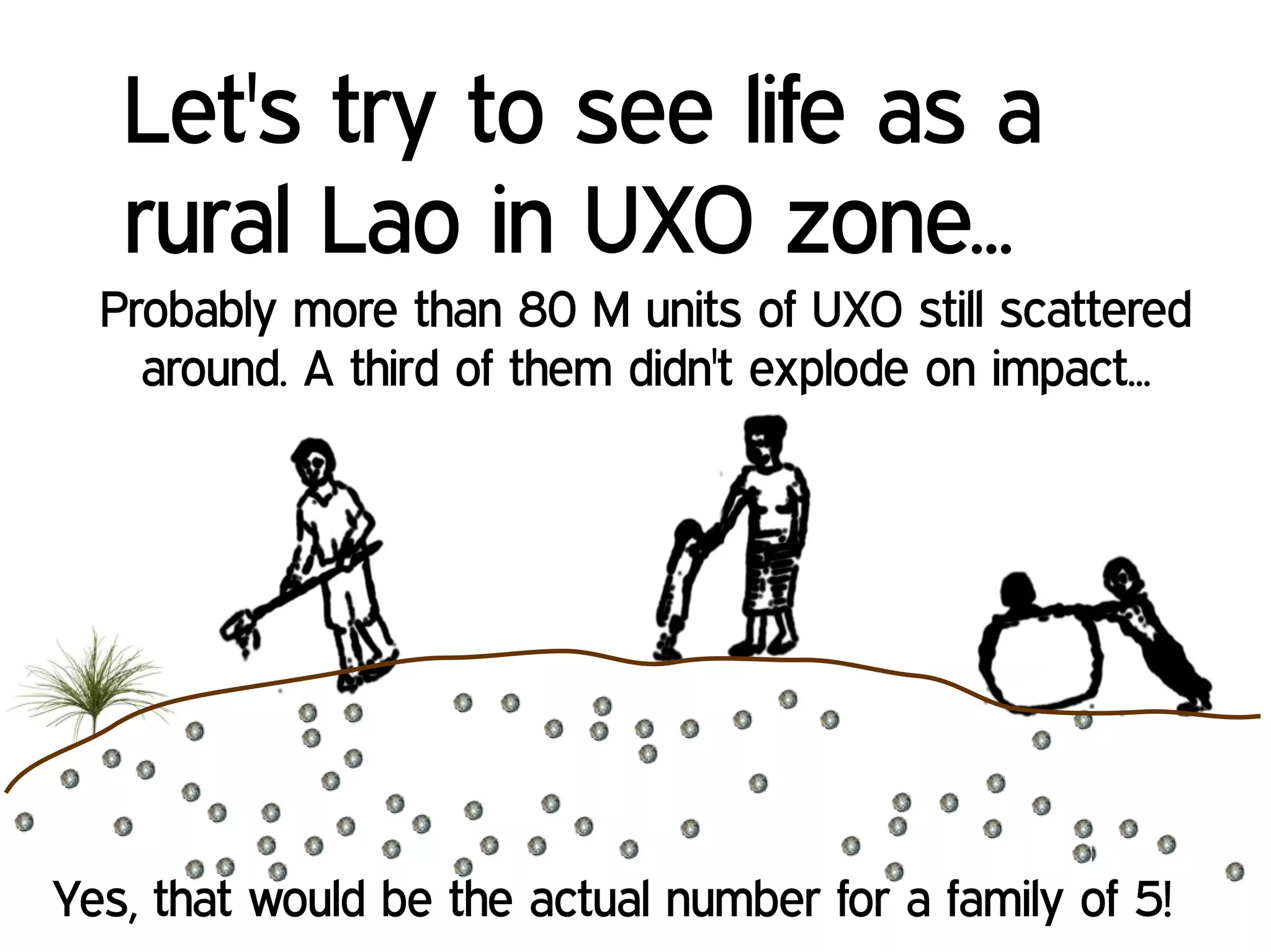 Probably more than 80 M units of UXO still scattered
around. A third of them didn't explode on impact...
Let's try to see life as a
rural Lao in UXO zone...
Yes, that would be the actual number for a family of 5!
 
