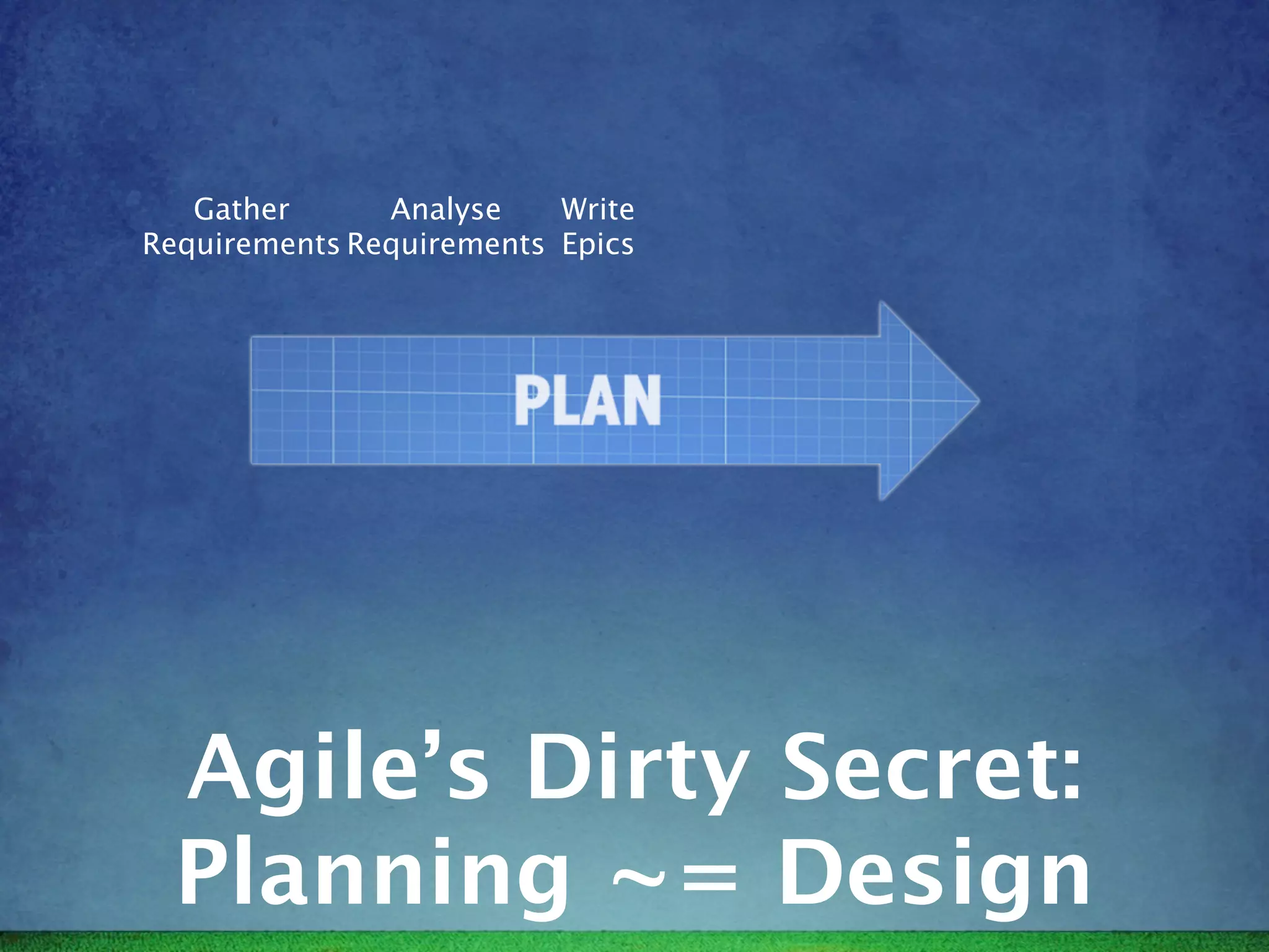 Gather      Analyse    Write
Requirements Requirements Epics




  Agile’s Dirty Secret:
  Planning ~= Design
 