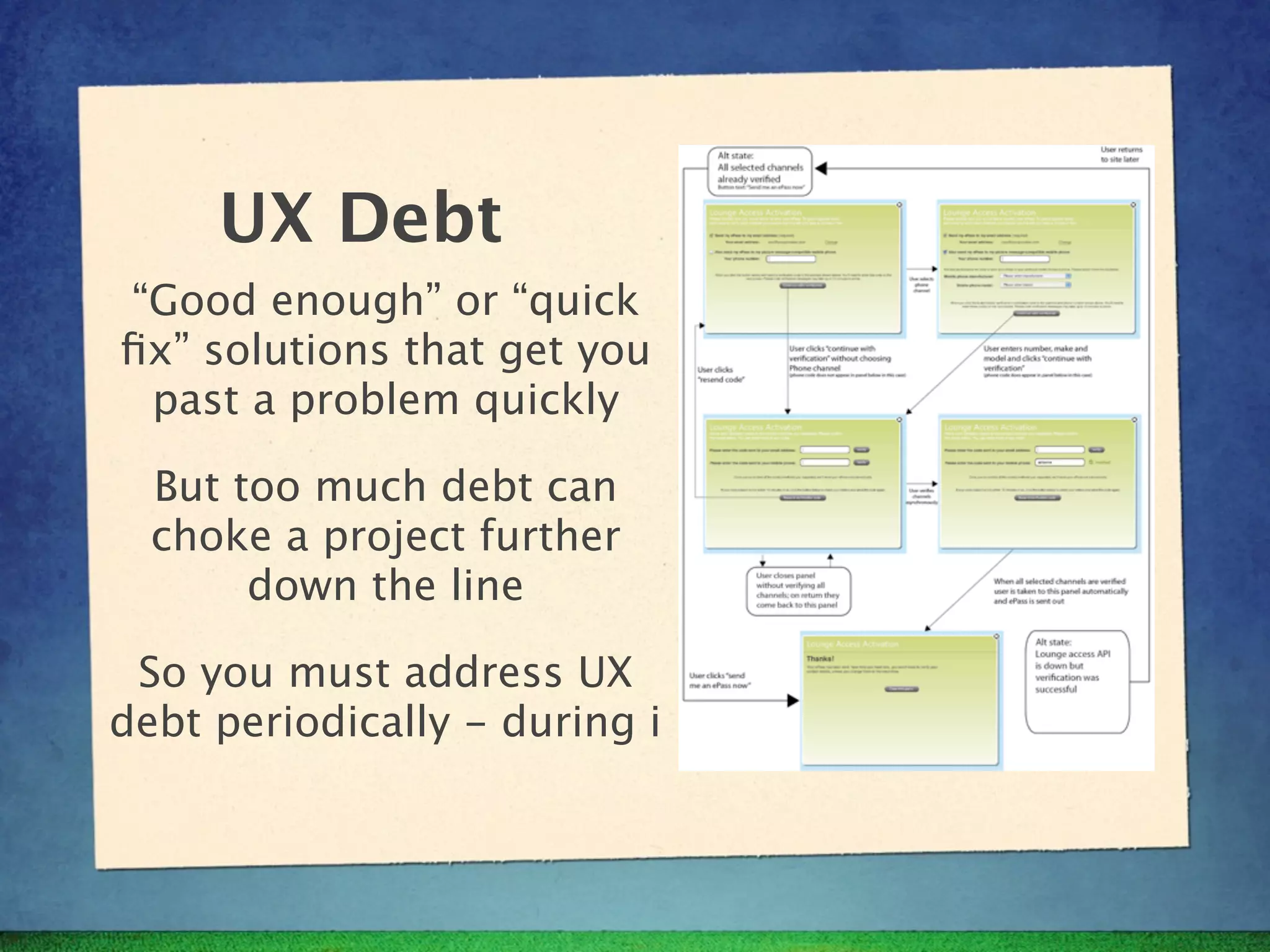 UX Debt
“Good enough” or “quick
ﬁx” solutions that get you
 past a problem quickly

  But too much debt can
  choke a project further
       down the line

 So you must address UX
debt periodically - during i
 