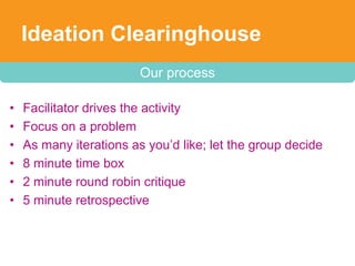 Ideation Clearinghouse
                         Our process

•   Facilitator drives the activity
•   Focus on a problem
•   As many iterations as you’d like; let the group decide
•   8 minute time box
•   2 minute round robin critique
•   5 minute retrospective
 