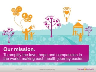 Our mission.
To amplify the love, hope and compassion in
the world, making each health journey easier.

      1/10/2013     www.caringbridge.org
 