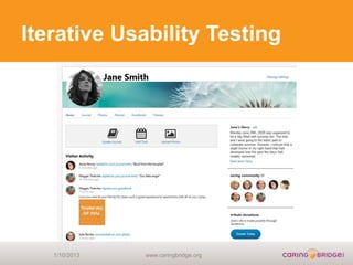 Iterative Usability Testing




   1/10/2013   www.caringbridge.org
 