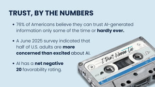 TRUST, BY THE NUMBERS
76% of Americans believe they can trust AI-generated
information only some of the time or hardly ever.
A June 2025 survey indicated that
half of U.S. adults are more
concerned than excited about AI.
AI has a net negative
20 favorability rating.
I Don’t Wanna Lie
 