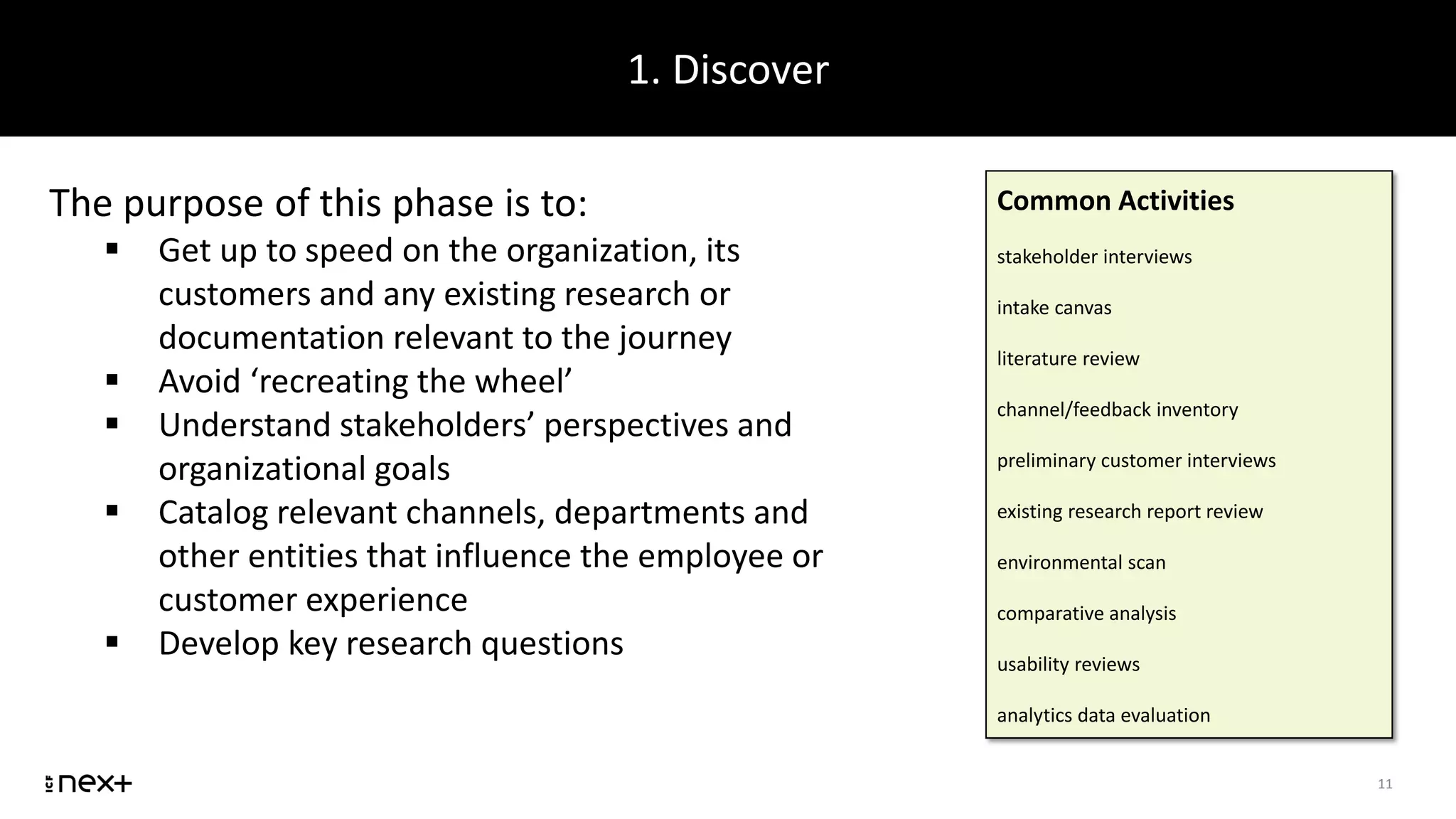 1. Discover
11
The purpose of this phase is to:
 Get up to speed on the organization, its
customers and any existing research or
documentation relevant to the journey
 Avoid ‘recreating the wheel’
 Understand stakeholders’ perspectives and
organizational goals
 Catalog relevant channels, departments and
other entities that influence the employee or
customer experience
 Develop key research questions
Common Activities
stakeholder interviews
intake canvas
literature review
channel/feedback inventory
preliminary customer interviews
existing research report review
environmental scan
comparative analysis
usability reviews
analytics data evaluation
 