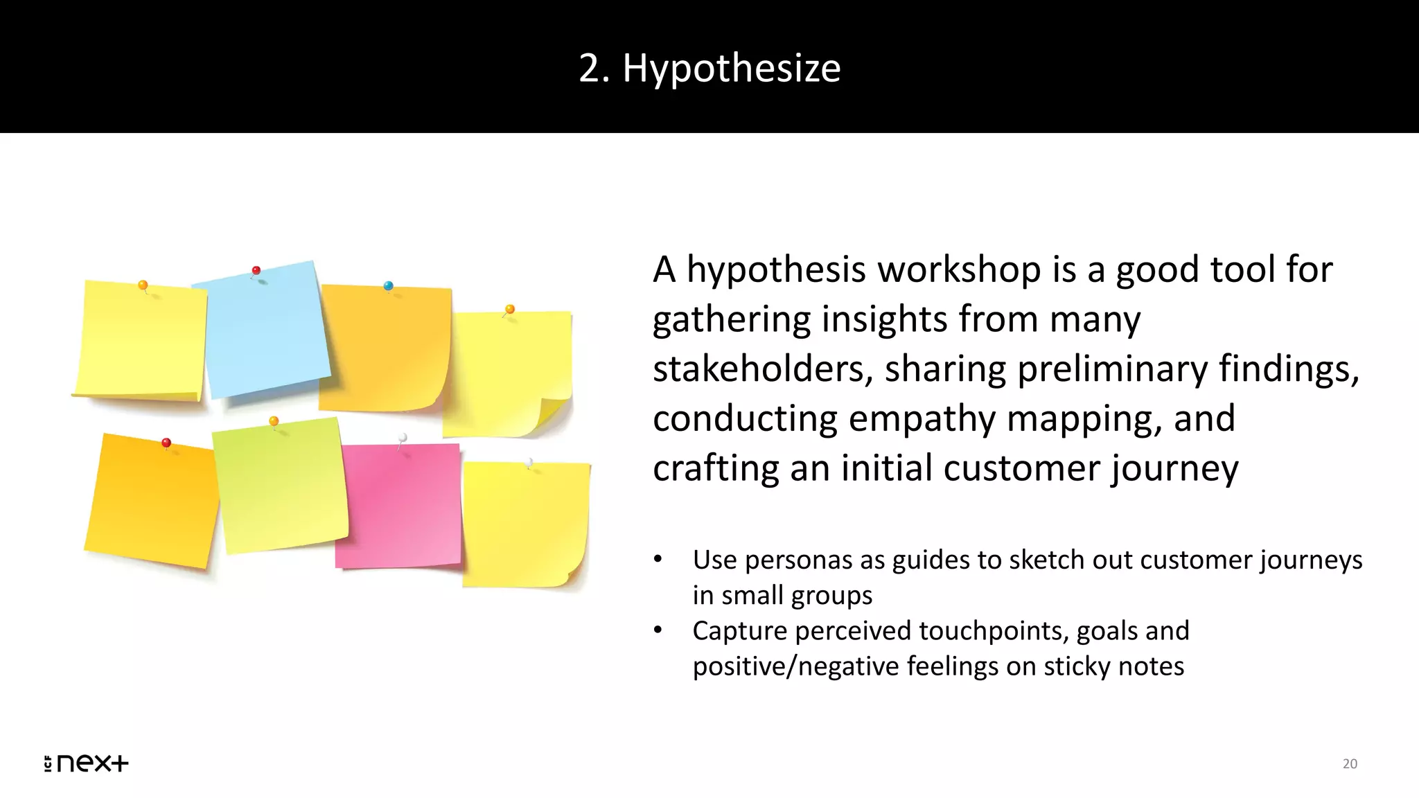 2. Hypothesize
20
A hypothesis workshop is a good tool for
gathering insights from many
stakeholders, sharing preliminary findings,
conducting empathy mapping, and
crafting an initial customer journey
• Use personas as guides to sketch out customer journeys
in small groups
• Capture perceived touchpoints, goals and
positive/negative feelings on sticky notes
 