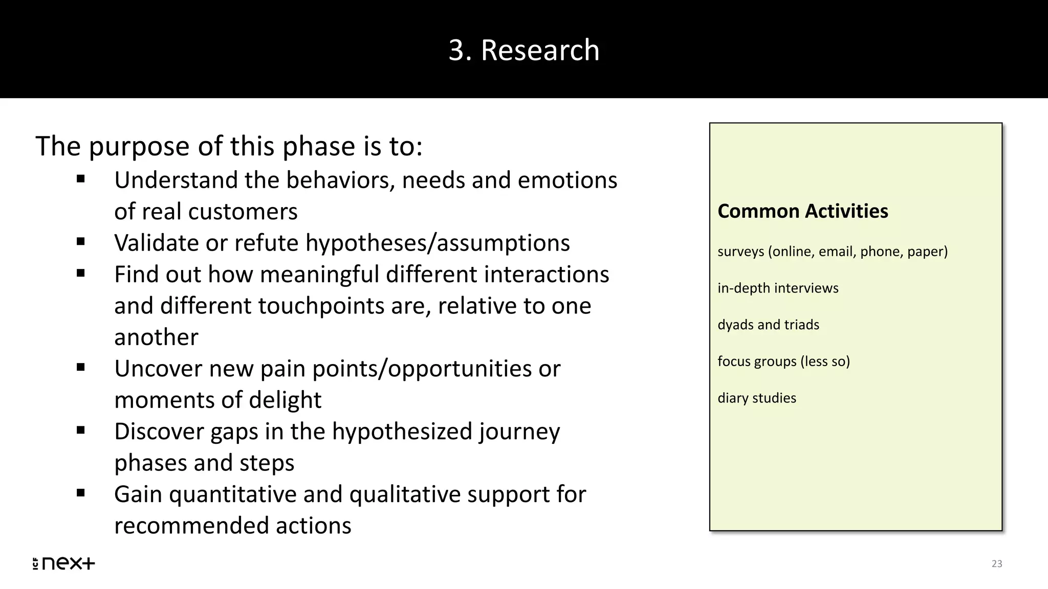 3. Research
23
The purpose of this phase is to:
 Understand the behaviors, needs and emotions
of real customers
 Validate or refute hypotheses/assumptions
 Find out how meaningful different interactions
and different touchpoints are, relative to one
another
 Uncover new pain points/opportunities or
moments of delight
 Discover gaps in the hypothesized journey
phases and steps
 Gain quantitative and qualitative support for
recommended actions
Common Activities
surveys (online, email, phone, paper)
in-depth interviews
dyads and triads
focus groups (less so)
diary studies
 