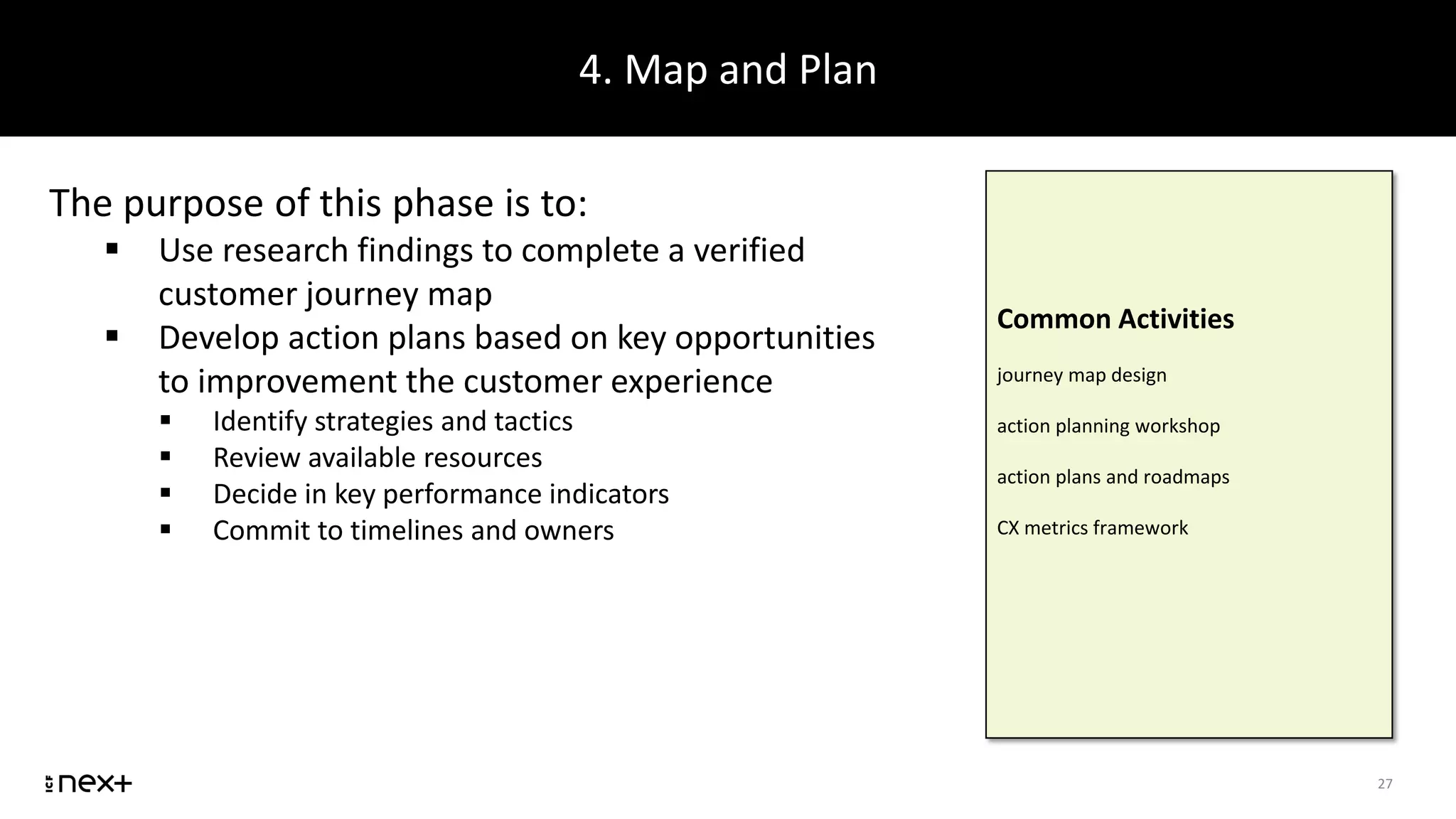 4. Map and Plan
27
The purpose of this phase is to:
 Use research findings to complete a verified
customer journey map
 Develop action plans based on key opportunities
to improvement the customer experience
 Identify strategies and tactics
 Review available resources
 Decide in key performance indicators
 Commit to timelines and owners
Common Activities
journey map design
action planning workshop
action plans and roadmaps
CX metrics framework
 