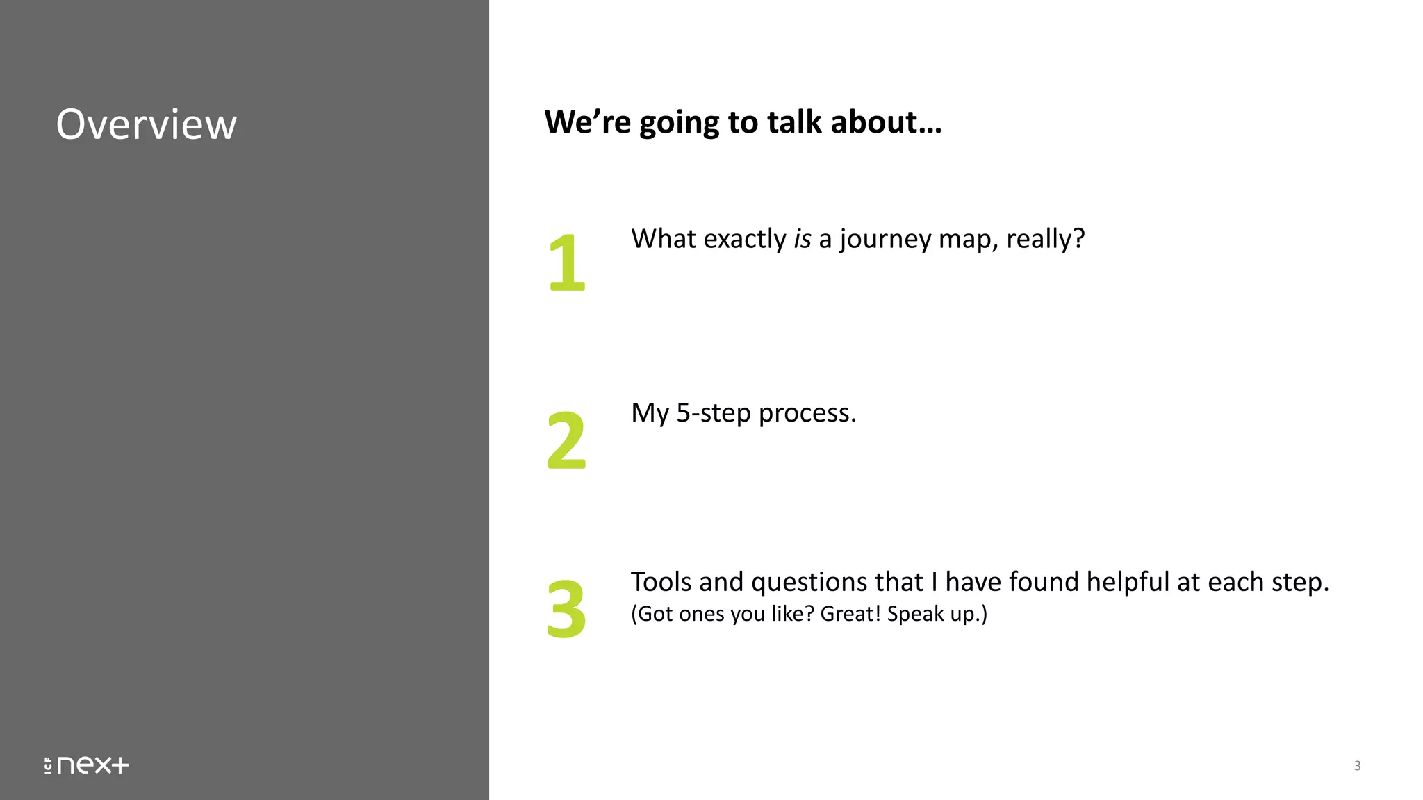 Overview
3
We’re going to talk about…
What exactly is a journey map, really?
Tools and questions that I have found helpful at each step.
(Got ones you like? Great! Speak up.)
My 5-step process.
1
2
3
 