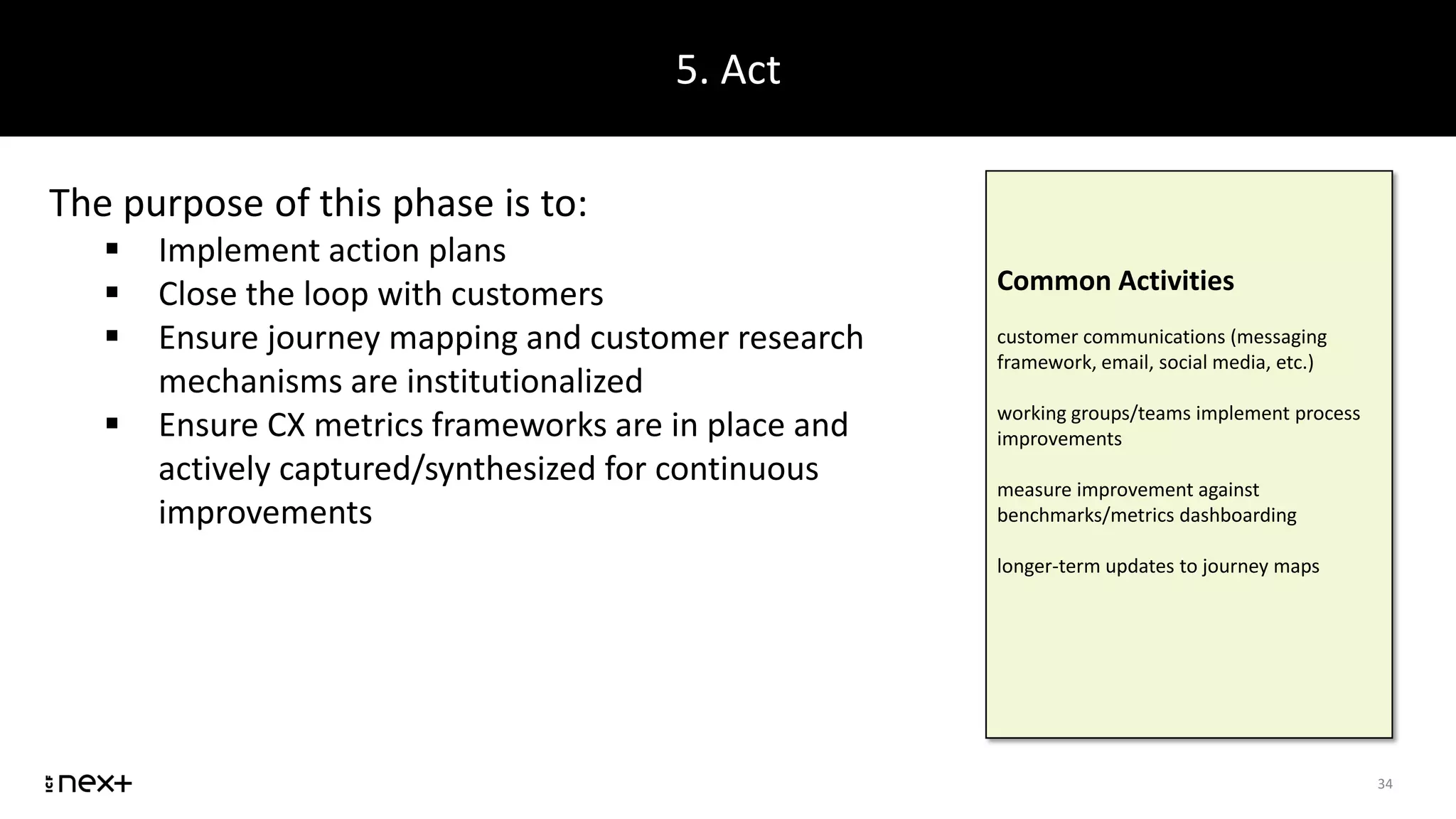 5. Act
34
The purpose of this phase is to:
 Implement action plans
 Close the loop with customers
 Ensure journey mapping and customer research
mechanisms are institutionalized
 Ensure CX metrics frameworks are in place and
actively captured/synthesized for continuous
improvements
Common Activities
customer communications (messaging
framework, email, social media, etc.)
working groups/teams implement process
improvements
measure improvement against
benchmarks/metrics dashboarding
longer-term updates to journey maps
 