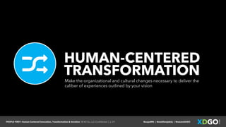 PEOPLE FIRST: Human-Centered Innovation, Transformation & Iteration| © XD Go, LLC Confidential | p. 27. @uxpaMN | @matthewjdoty | @weareXDGO
HUMAN-CENTERED
TRANSFORMATION
Make the organizational and cultural changes necessary to deliver the
caliber of experiences outlined by your vision
 