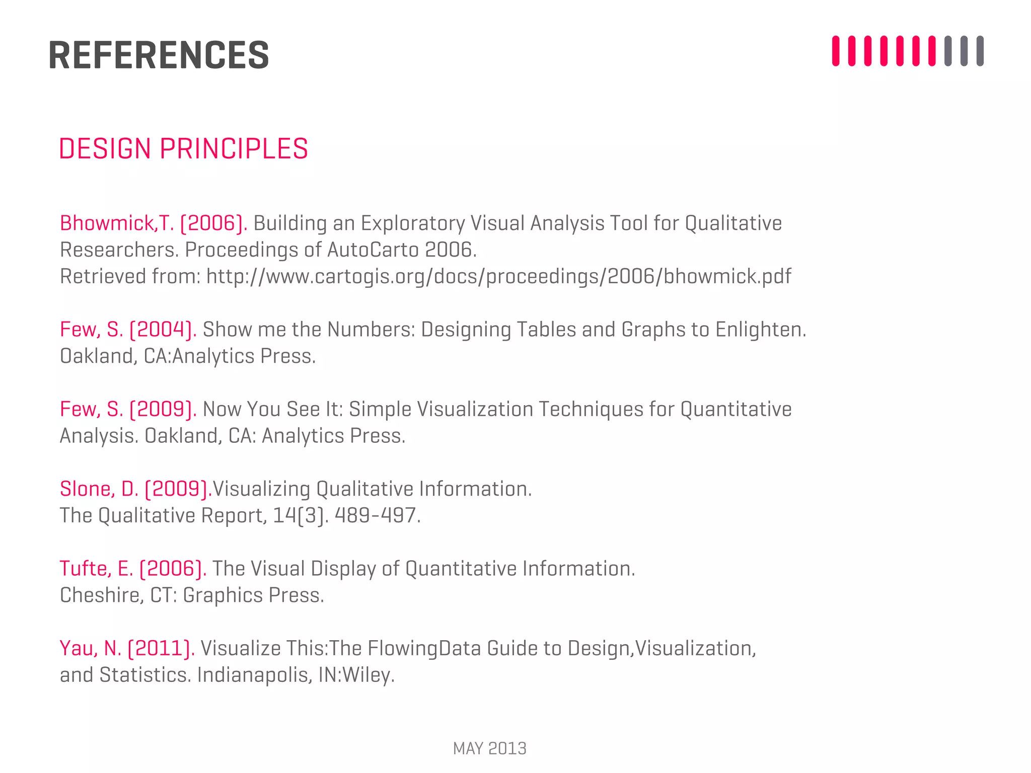 REFERENCES
MAY 2013
DESIGN PRINCIPLES
Bhowmick,T. (2006). Building an Exploratory Visual Analysis Tool for Qualitative
Researchers. Proceedings of AutoCarto 2006.
Retrieved from: http://www.cartogis.org/docs/proceedings/2006/bhowmick.pdf
Few, S. (2004). Show me the Numbers: Designing Tables and Graphs to Enlighten.
Oakland, CA:Analytics Press.
Few, S. (2009). Now You See It: Simple Visualization Techniques for Quantitative
Analysis. Oakland, CA: Analytics Press.
Slone, D. (2009).Visualizing Qualitative Information.
The Qualitative Report, 14(3). 489-497.
Tufte, E. (2006). The Visual Display of Quantitative Information.
Cheshire, CT: Graphics Press.
Yau, N. (2011). Visualize This:The FlowingData Guide to Design,Visualization,
and Statistics. Indianapolis, IN:Wiley.
 