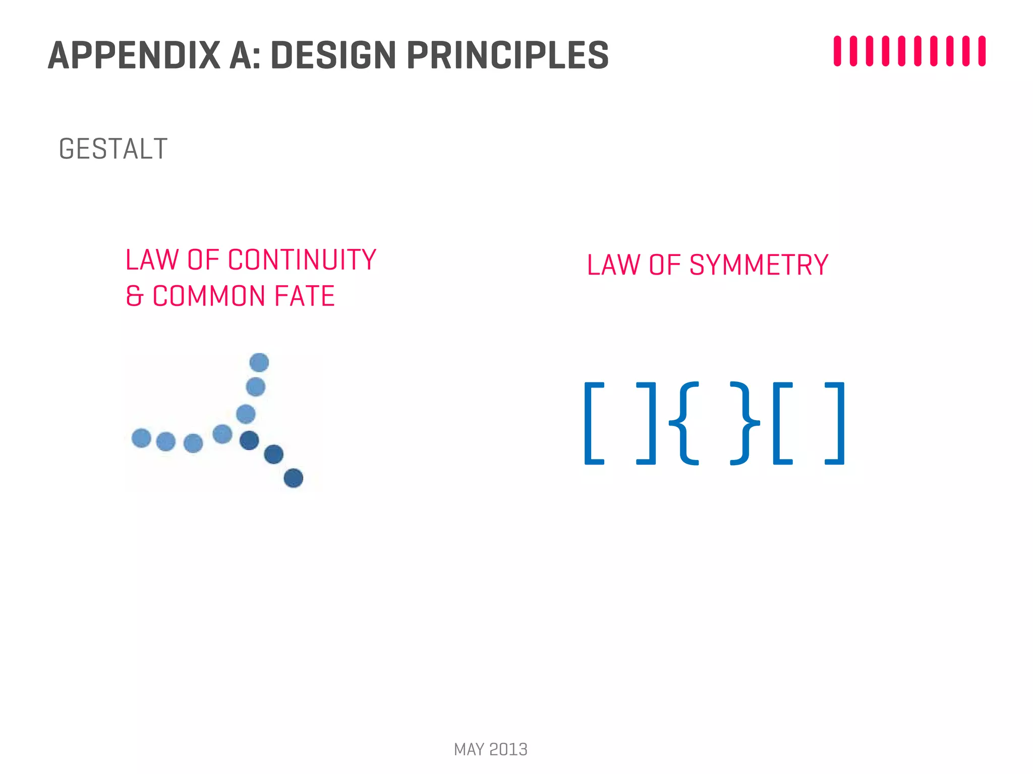 APPENDIX A: DESIGN PRINCIPLES
MAY 2013
GESTALT
LAW OF CONTINUITY
& COMMON FATE
LAW OF SYMMETRY
[ ]{ }[ ]
 
