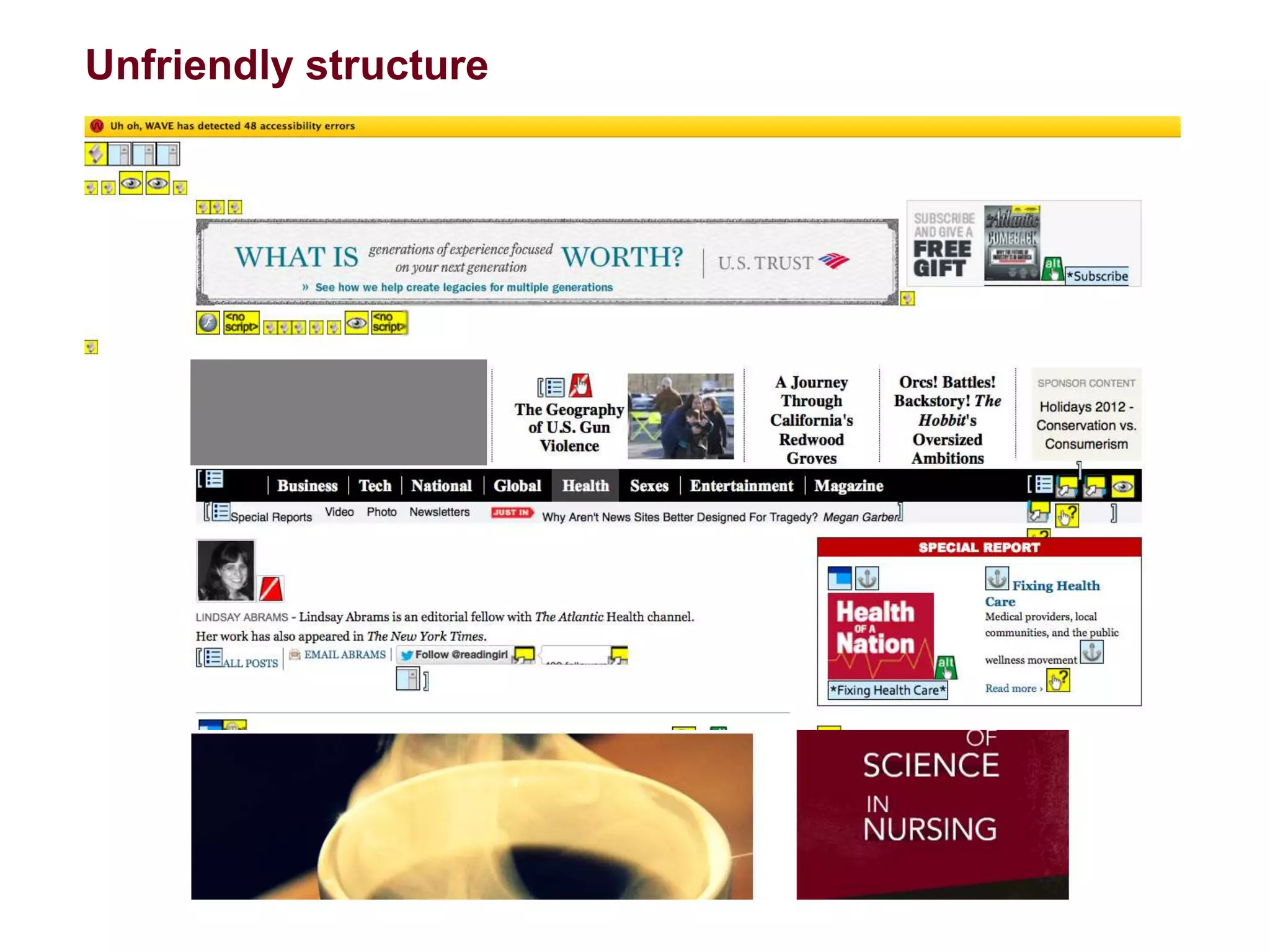 3

Solid structure: Built to standards
People feel confident using the design because it is stable, robust,
and secure.

A big hat tip to @AccessibleJoe and all the folks working on making WordPress more
accessible, and to Sylvia Eggers, author of the accessible child theme shown here.

 