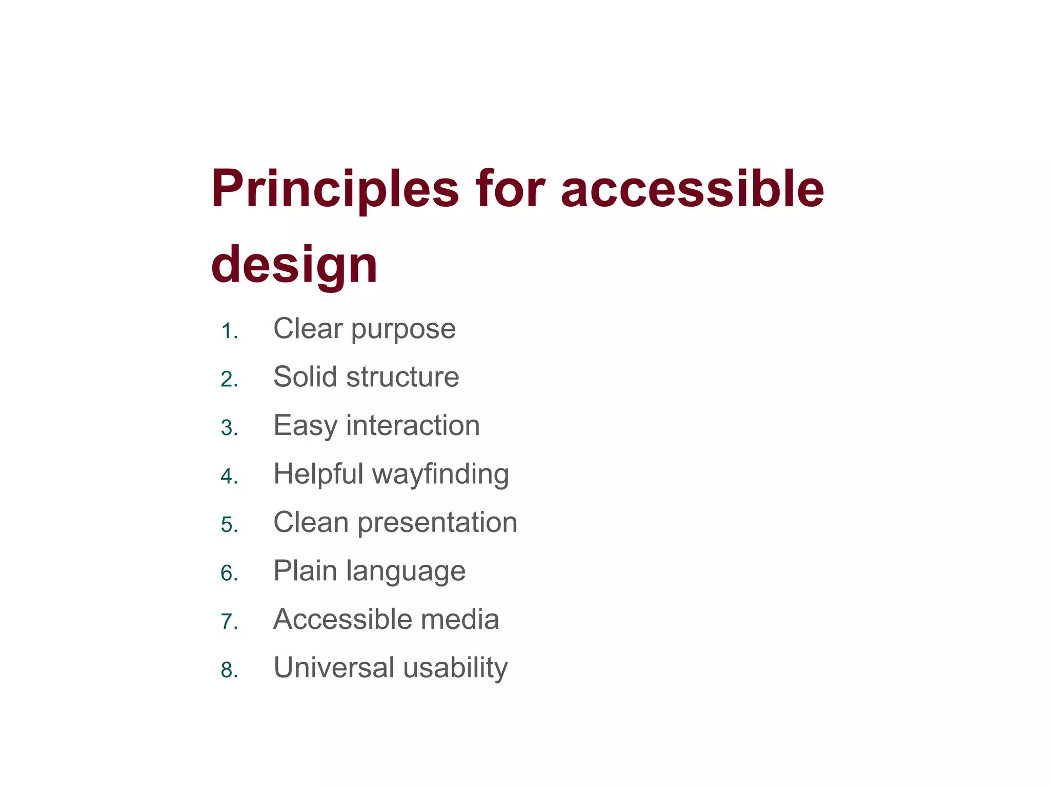 1

People First
Designing for differences
People are the first consideration, and sites are designed with the
needs of everyone in the audience in mind.

Emily

Jacob

Steven

• Graduated from high
school and working on a
college degree
• Lives in a loft with a group
of friends
• Works part-time at a local
community center

• College graduate, legal
• Graduated from the Art
training courses
Institute
• Paralegal, writes case
• Graphic artist in a small
summaries
ad agency
• Shares an apartment with • iPad, iPhone, MacBook
a friend
Pro, super monitor
• Laptop, iPhone

9

 