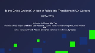 Is the Grass Greener? A look at Roles and Transitions in UX Careers
UXPA 2019
Moderator: Jeff Graley, Mile Two
Panelists: Christy Harper, End to End User Research , Cynthia Rando, Sophic Synergistics, Pieter Kruithof,
IBM
Melissa Meingast, Hewlett-Packard Enterprise, Mohamed Sheik-Nainar, Synaptics
 