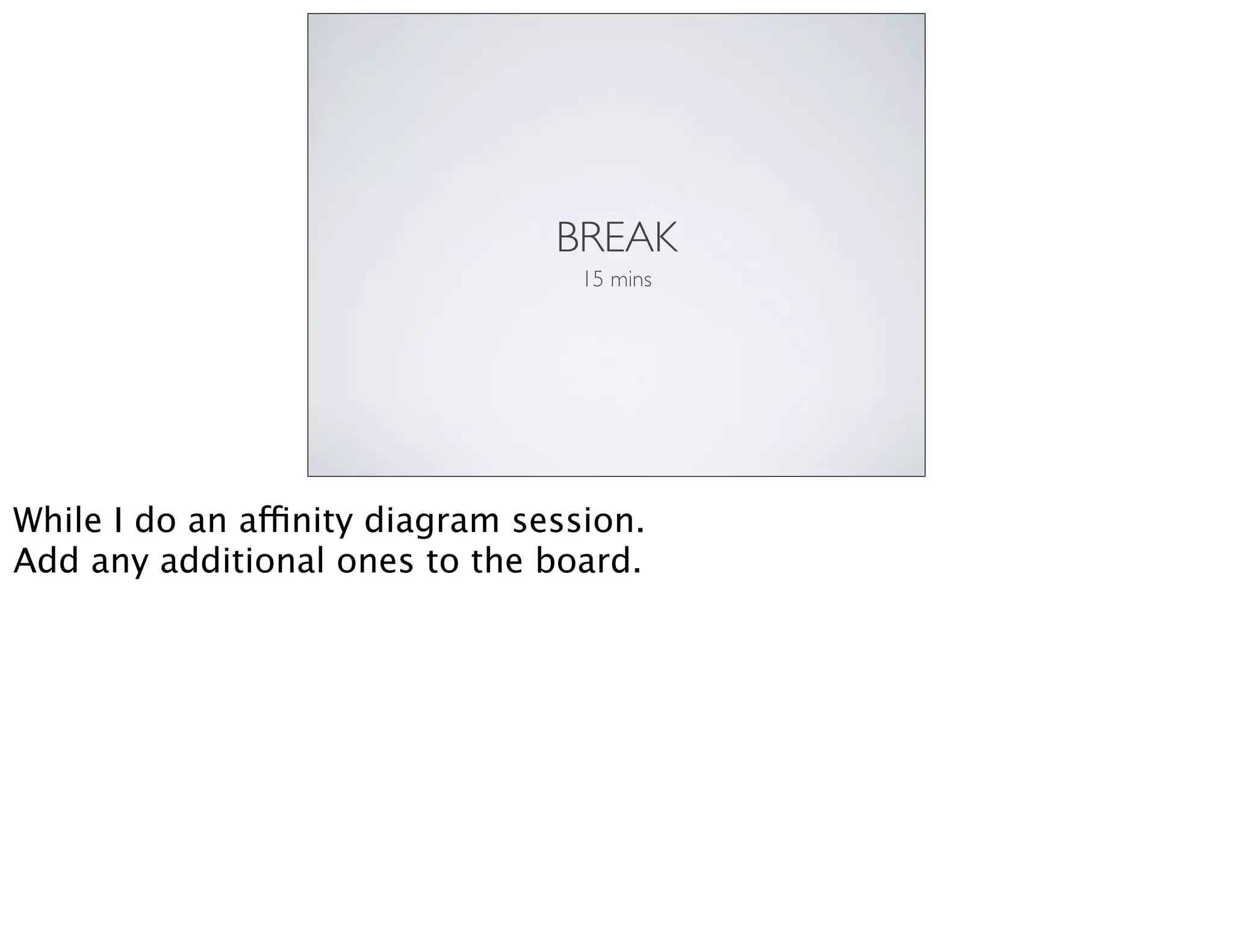 BREAK
15 mins
While I do an affinity diagram session.
Add any additional ones to the board.
 