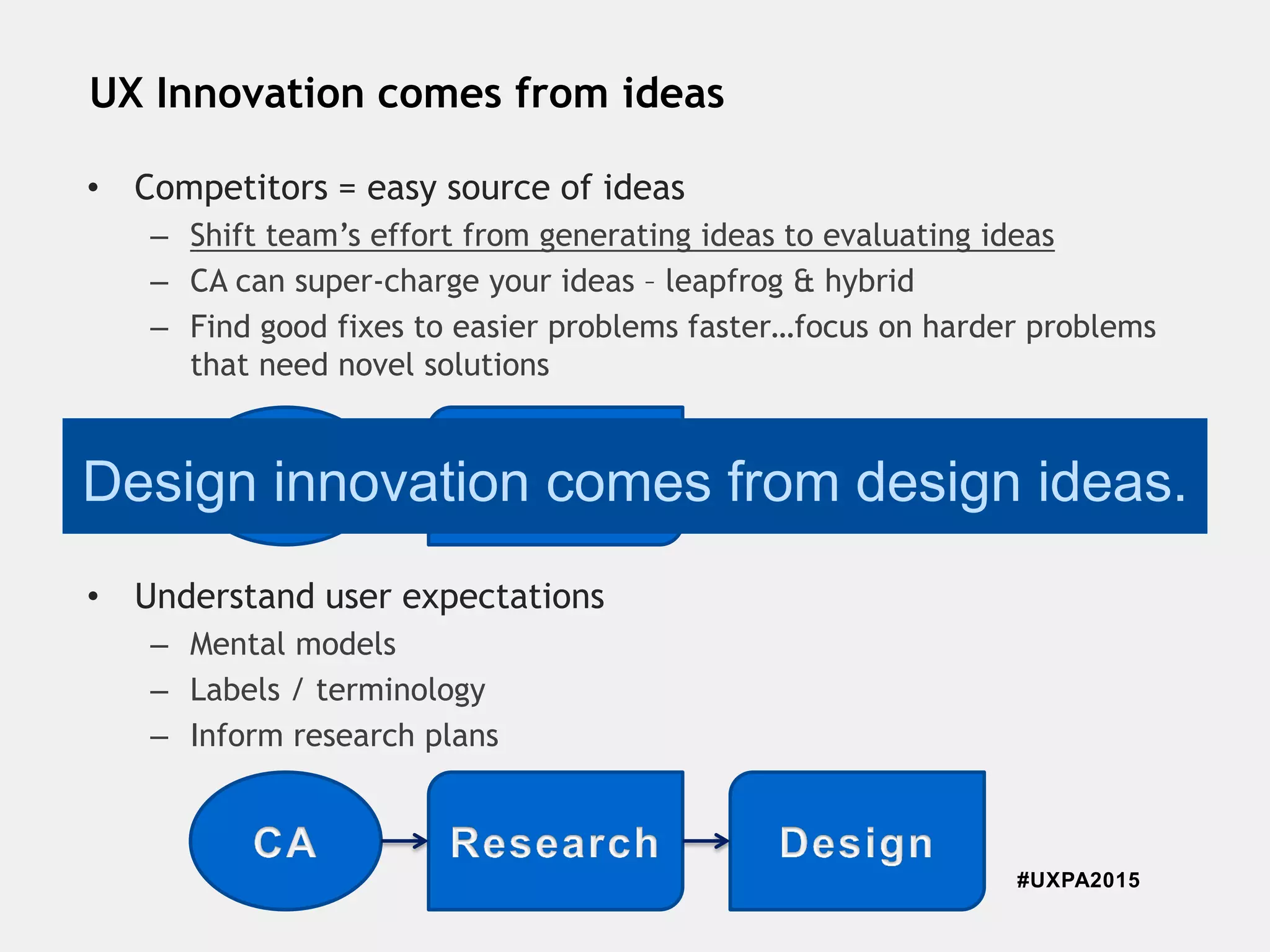 #UXPA2015
UX Innovation comes from ideas
• Competitors = easy source of ideas
– Shift team’s effort from generating ideas to evaluating ideas
– CA can super-charge your ideas – leapfrog & hybrid
– Find good fixes to easier problems faster…focus on harder problems
that need novel solutions
• Understand user expectations
– Mental models
– Labels / terminology
– Inform research plans
Design innovation comes from design ideas.
 