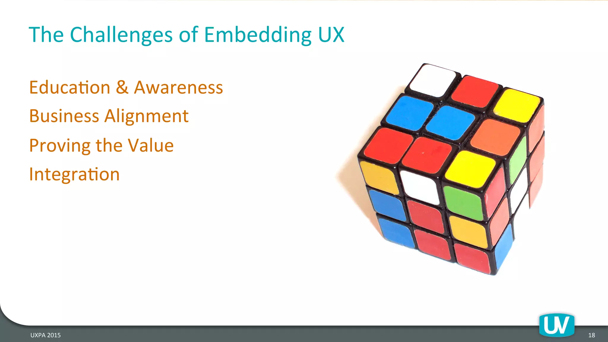 The	
  Challenges	
  of	
  Embedding	
  UX	
  
EducaHon	
  &	
  Awareness	
  
Business	
  Alignment	
  
Proving	
  the	
  Value	
  
IntegraHon	
  
18	
  UXPA	
  2015	
  
 