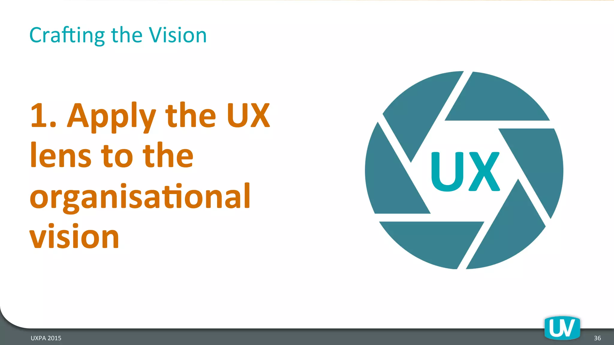 Cra`ing	
  the	
  Vision	
  
1.	
  Apply	
  the	
  UX	
  
lens	
  to	
  the	
  
organisaRonal	
  
vision	
  
36	
  
UX	
  
UXPA	
  2015	
  
 