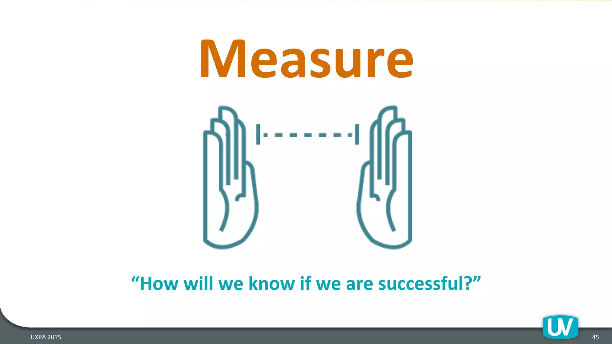 Measure	
  
45	
  UXPA	
  2015	
  
“How	
  will	
  we	
  know	
  if	
  we	
  are	
  successful?”	
  
 