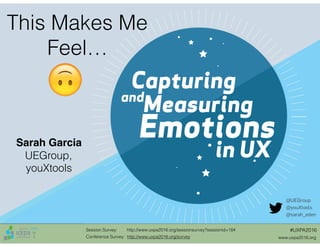 Session Survey: http://www.uxpa2016.org/sessionsurvey?sessionid=184 
Conference Survey: http://www.uxpa2016.org/survey www.uxpa2016.org
#UXPA2016
Sarah Garcia
UEGroup,
youXtools
This Makes Me
Feel…
@UEGroup
@youXtools
@sarah_eden
 