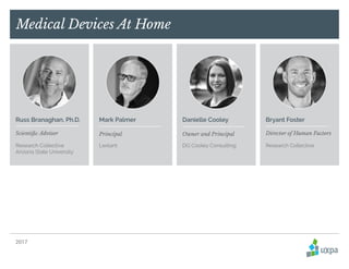 Medical Devices At Home
2017
Russ Branaghan, Ph.D.
Research Collective
Arizona State University
Mark Palmer
Lextant
Scientific Advisor Principal
Danielle Cooley
DG Cooley Consulting
Owner and Principal
Bryant Foster
Research Collective
Director of Human Factors
 