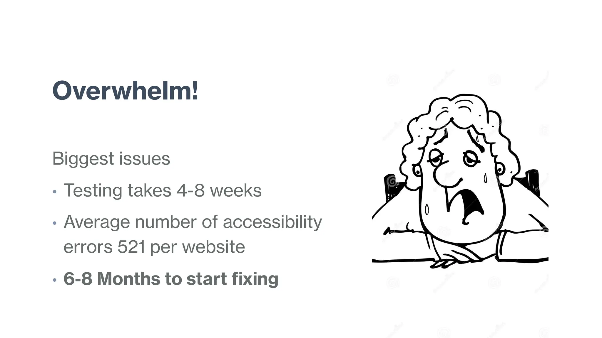 Overwhelm!
Biggest issues
• Testing takes 4-8 weeks
• Average number of accessibility
errors 521 per website
• 6-8 Months to start fixing
 
