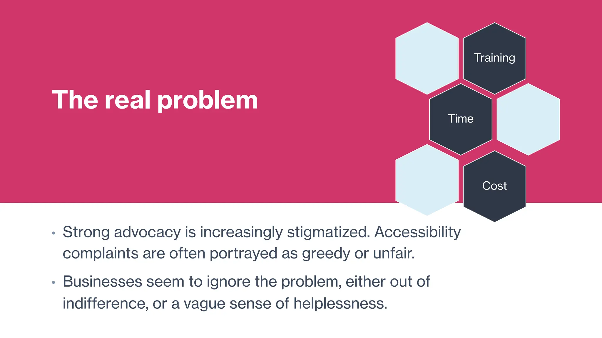 The real problem
• Strong advocacy is increasingly stigmatized. Accessibility
complaints are often portrayed as greedy or unfair.
• Businesses seem to ignore the problem, either out of
indifference, or a vague sense of helplessness.
Training
Time
Cost
 