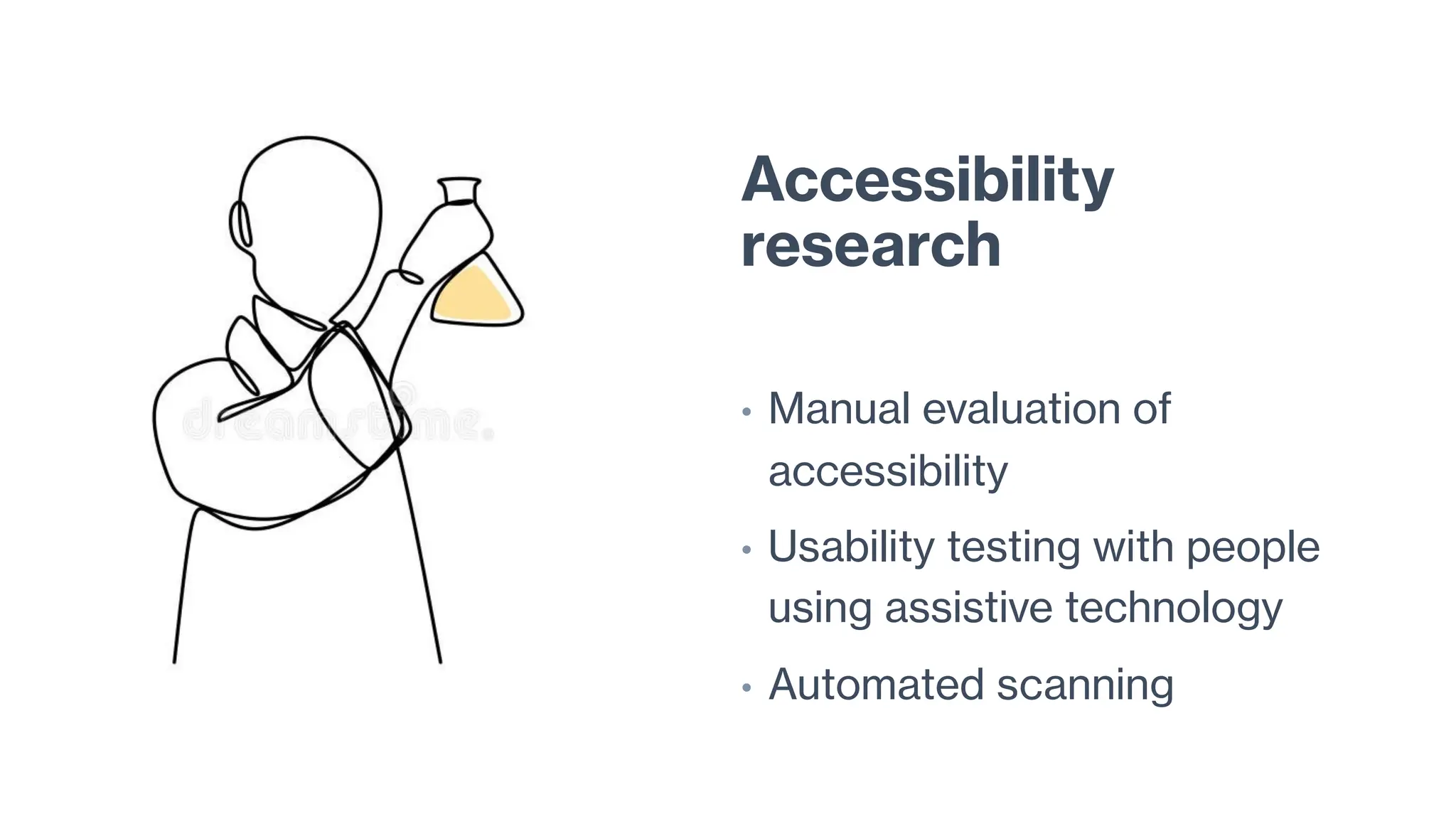 Accessibility
research
• Manual evaluation of
accessibility
• Usability testing with people
using assistive technology
• Automated scanning
 