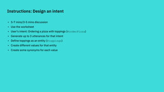 Instructions: Design an intent
• 5-7 mins/3-5 mins discussion
• Use the worksheet
• User’s intent: Ordering a pizza with t...