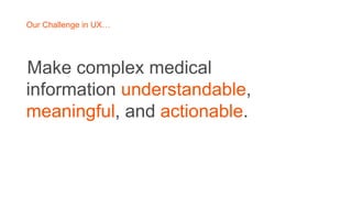 Our Challenge in UX…
Make complex medical
information understandable,
meaningful, and actionable.
 