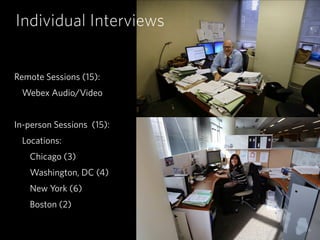 Remote Sessions (15):
Webex Audio/Video
In-person Sessions (15):
Locations:
Chicago (3)
Washington, DC (4)
New York (6)
Boston (2)
Individual Interviews
 